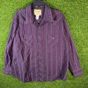 VTG Wrangler Western Shirts Mens Purple Stripe Pearl Snap Long Sleeve Size XXL‎